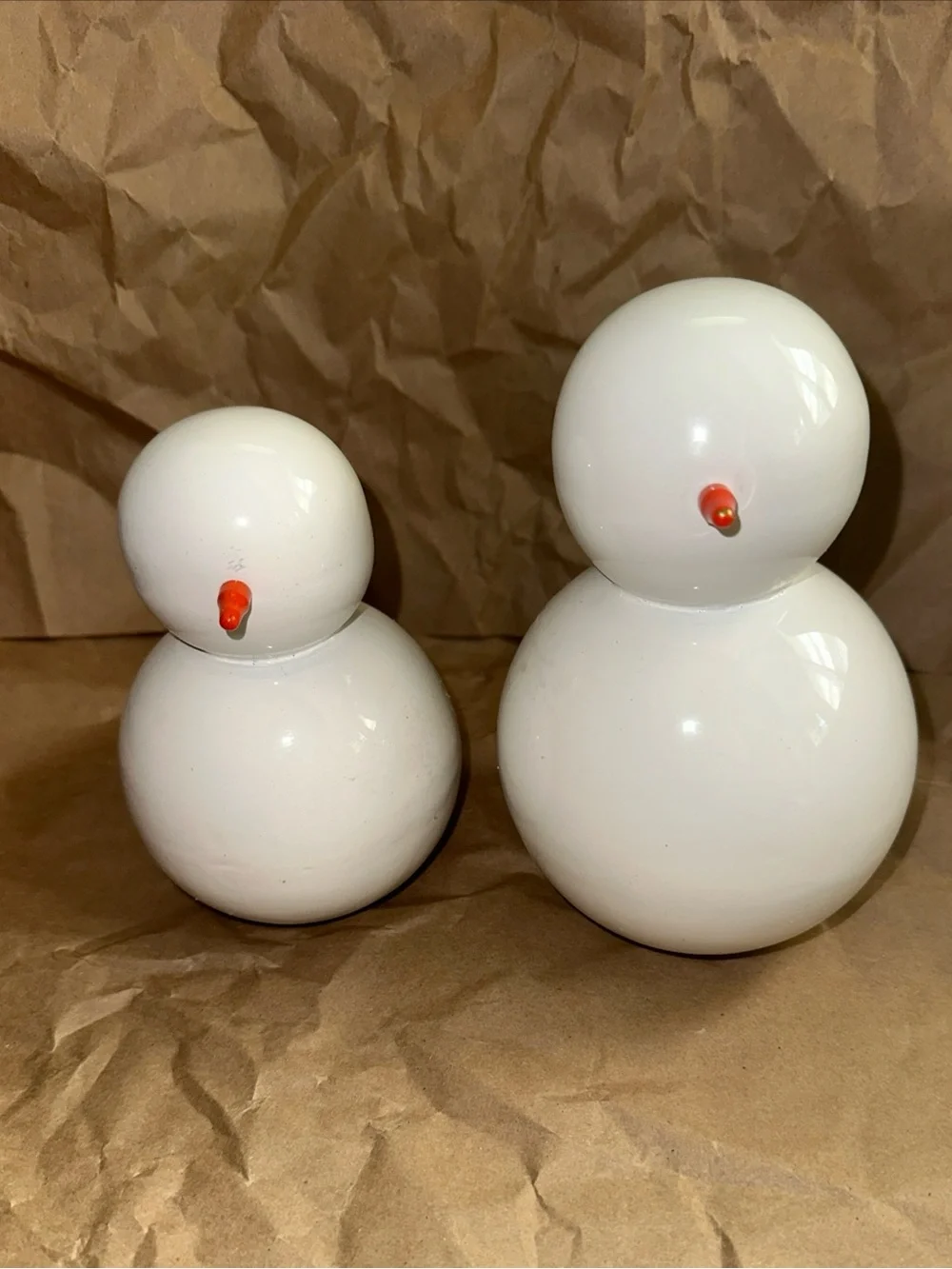 West Elm White glass/Lacquer 5” & 6”Snowman Figurines - Set of 2